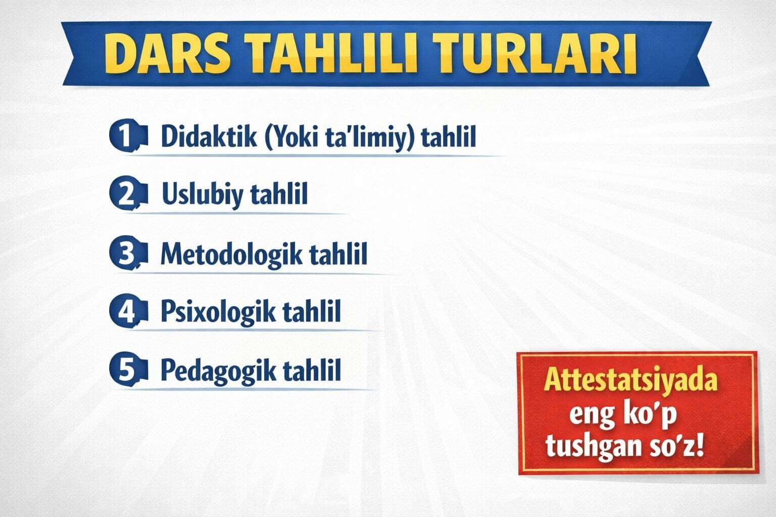 Dars tahlili turlari: didaktik, uslubiy, metodologik, psixologik va pedagogik yondashuv
