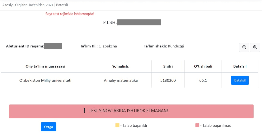 O‘qishni ko‘chirish 2021: Test sinovlari va o‘tish ballari