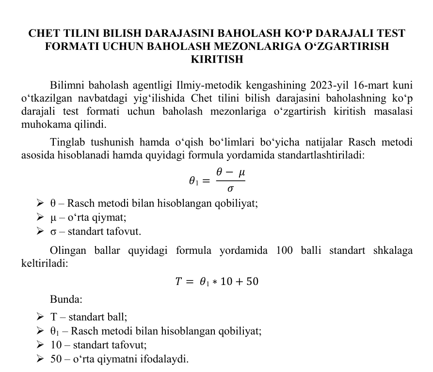 Multilevel imtihonida ball tizimi: Muhim o‘zgarishlar