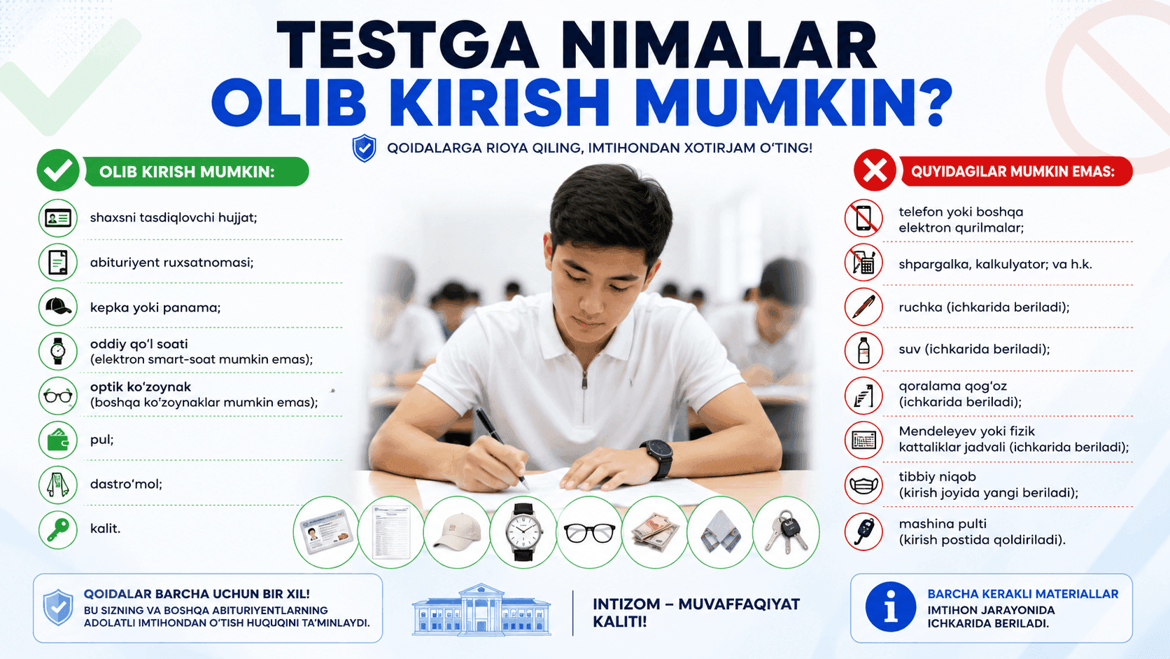 Test sinoviga nimalarni olib kirish mumkin?