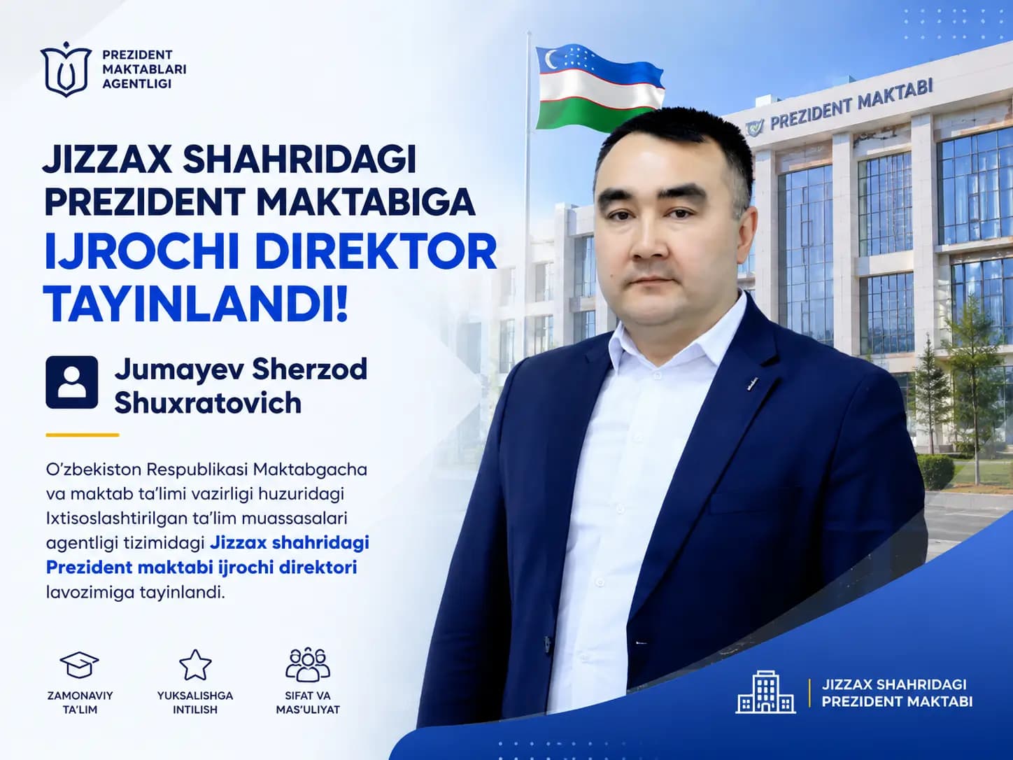 Jizzax shahridagi Prezident maktabiga ijrochi direktor tayinlandi