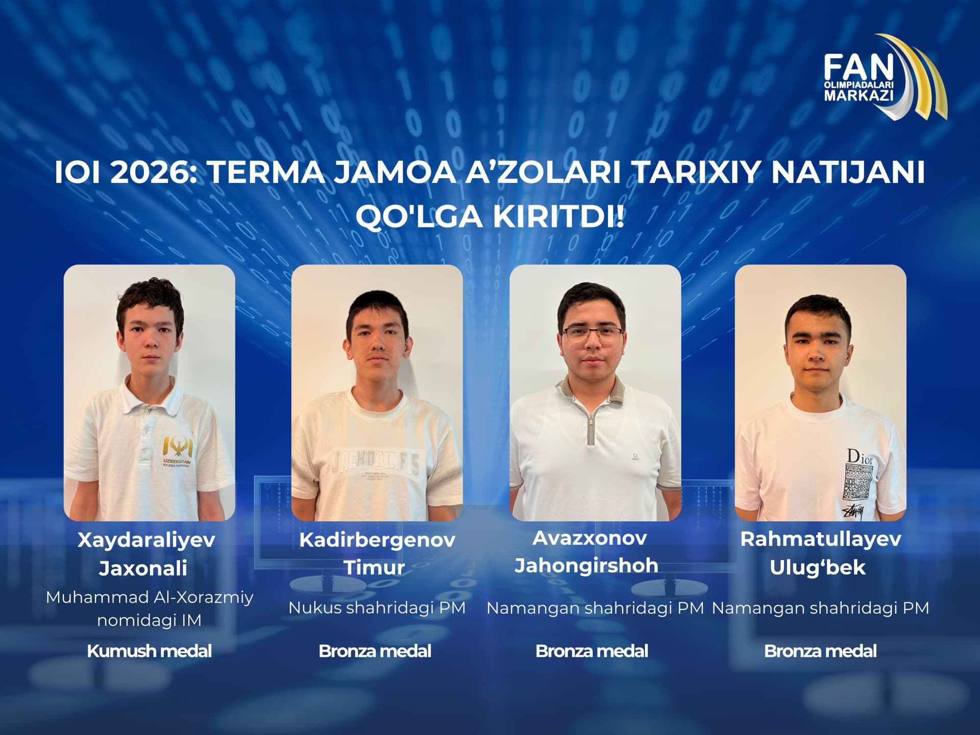 O’zbekiston terma jamoasi IOI 2026da 4 ta medal oldi