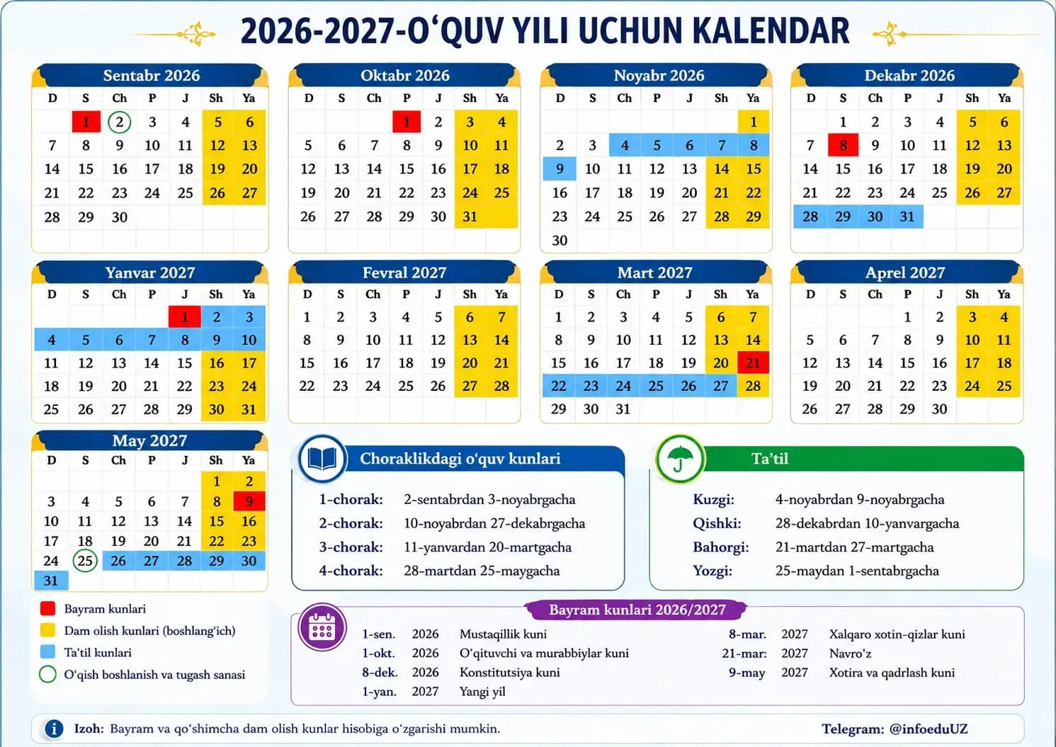 2026/2027-o‘quv yili uchun o‘quv kalendari e’lon qilindi