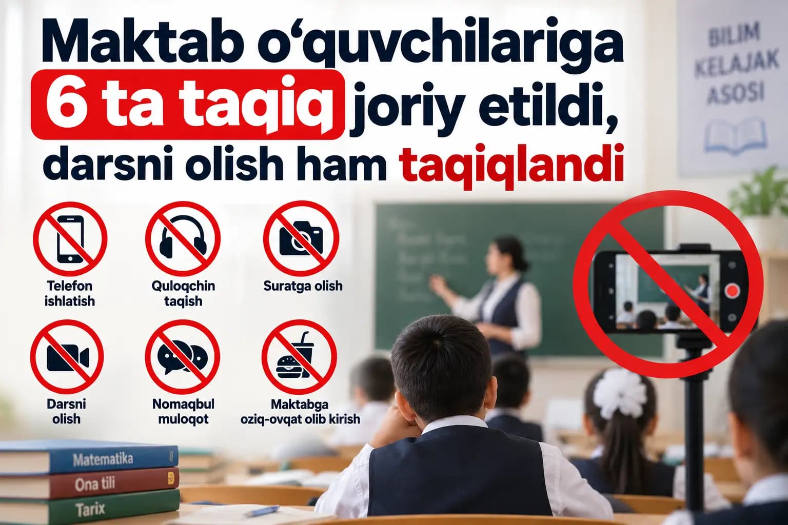 Maktab o’quvchilariga 6 ta taqiq joriy etildi, darsni olish ham taqiqlandi