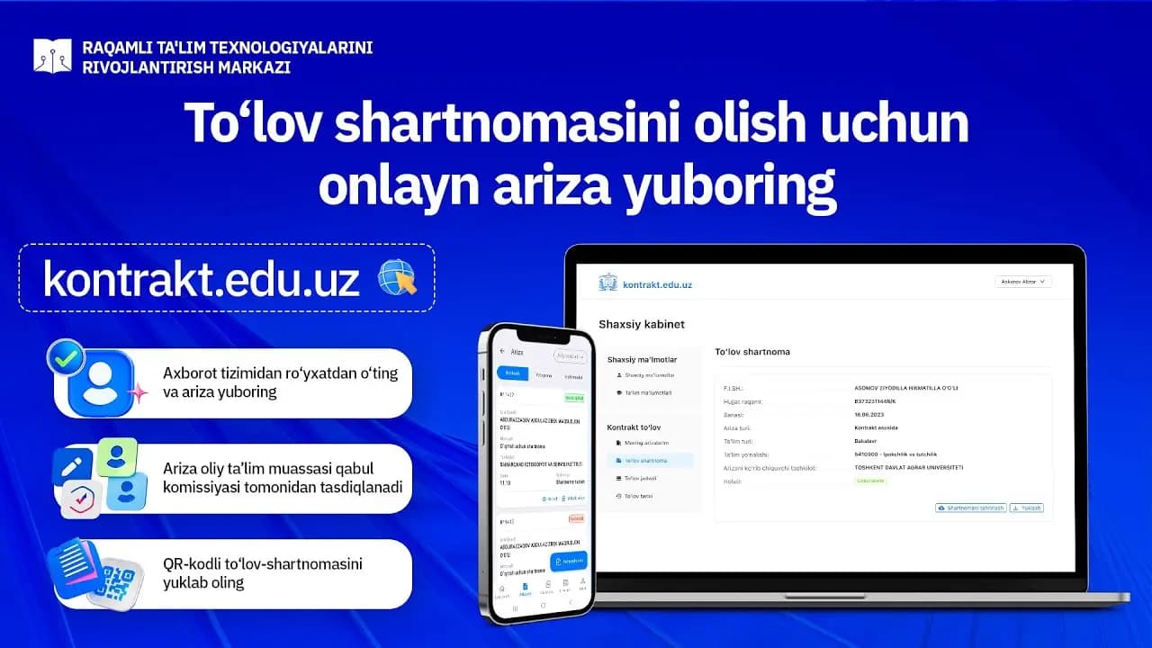 Kontrakt.edu.uz orqali to’lov shartnomasini onlayn olish boshlandi