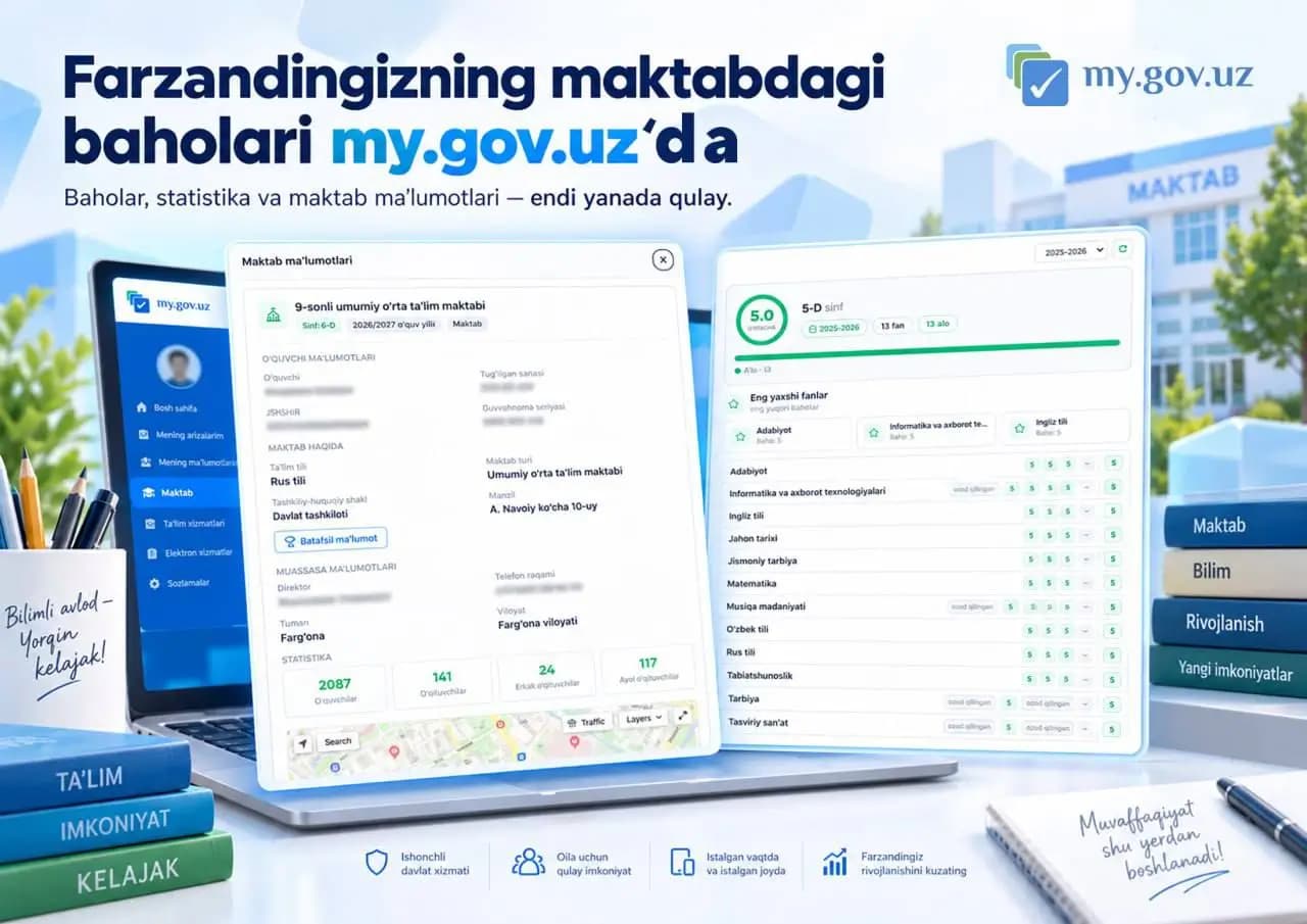 my.gov.uz da ota-onalar farzand baholarini endi onlayn ko’ra oladi