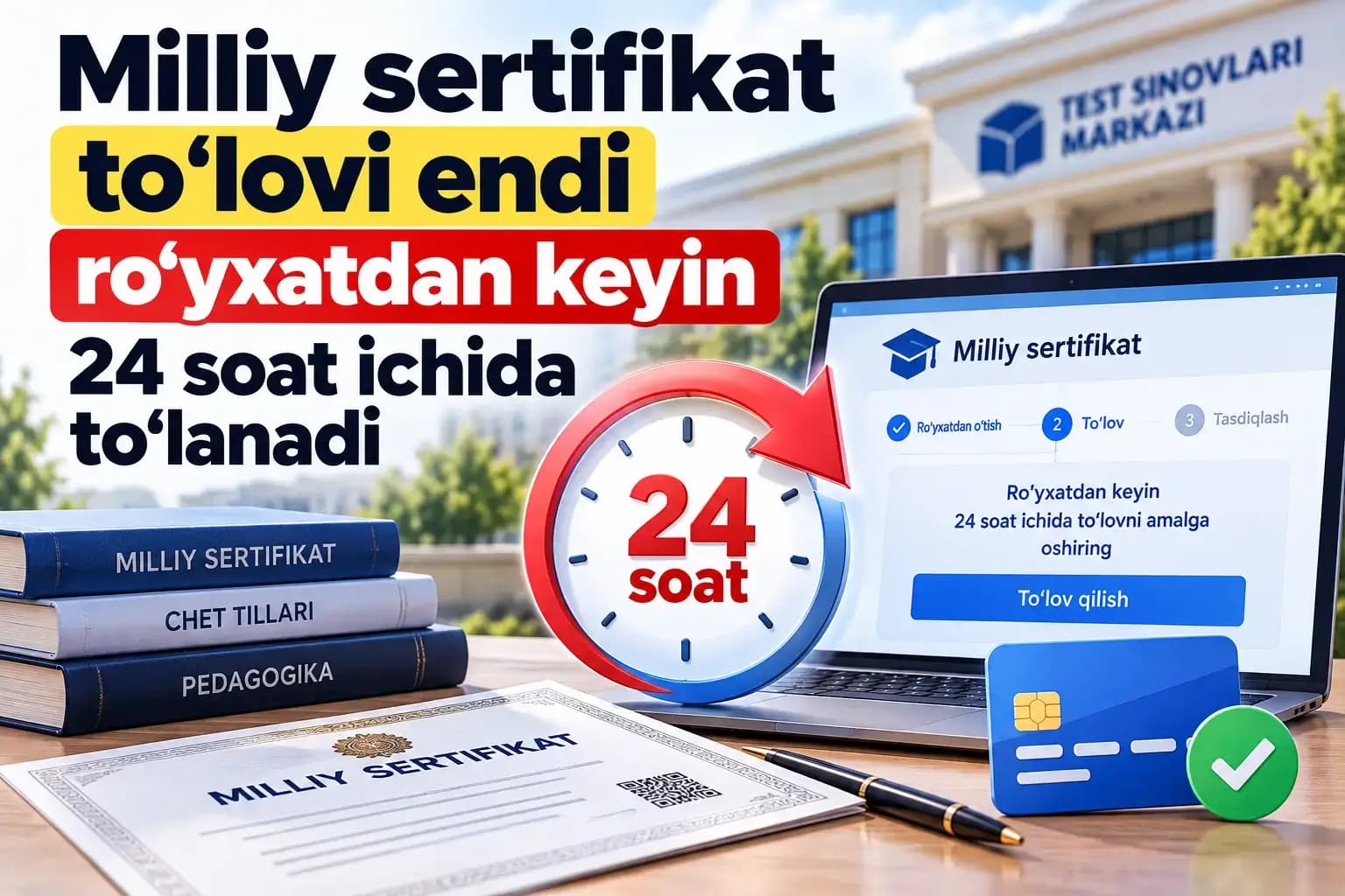 Milliy sertifikat to’lovi endi ro’yxatdan keyin 24 soat ichida to’lanadi