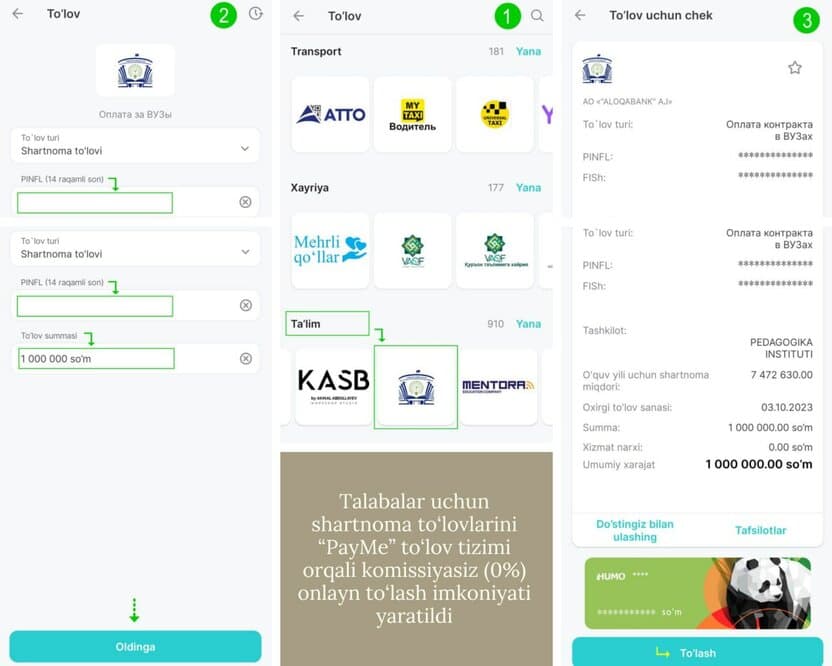Talabalar uchun shartnoma to‘lovlarini komissiyasiz to‘lash