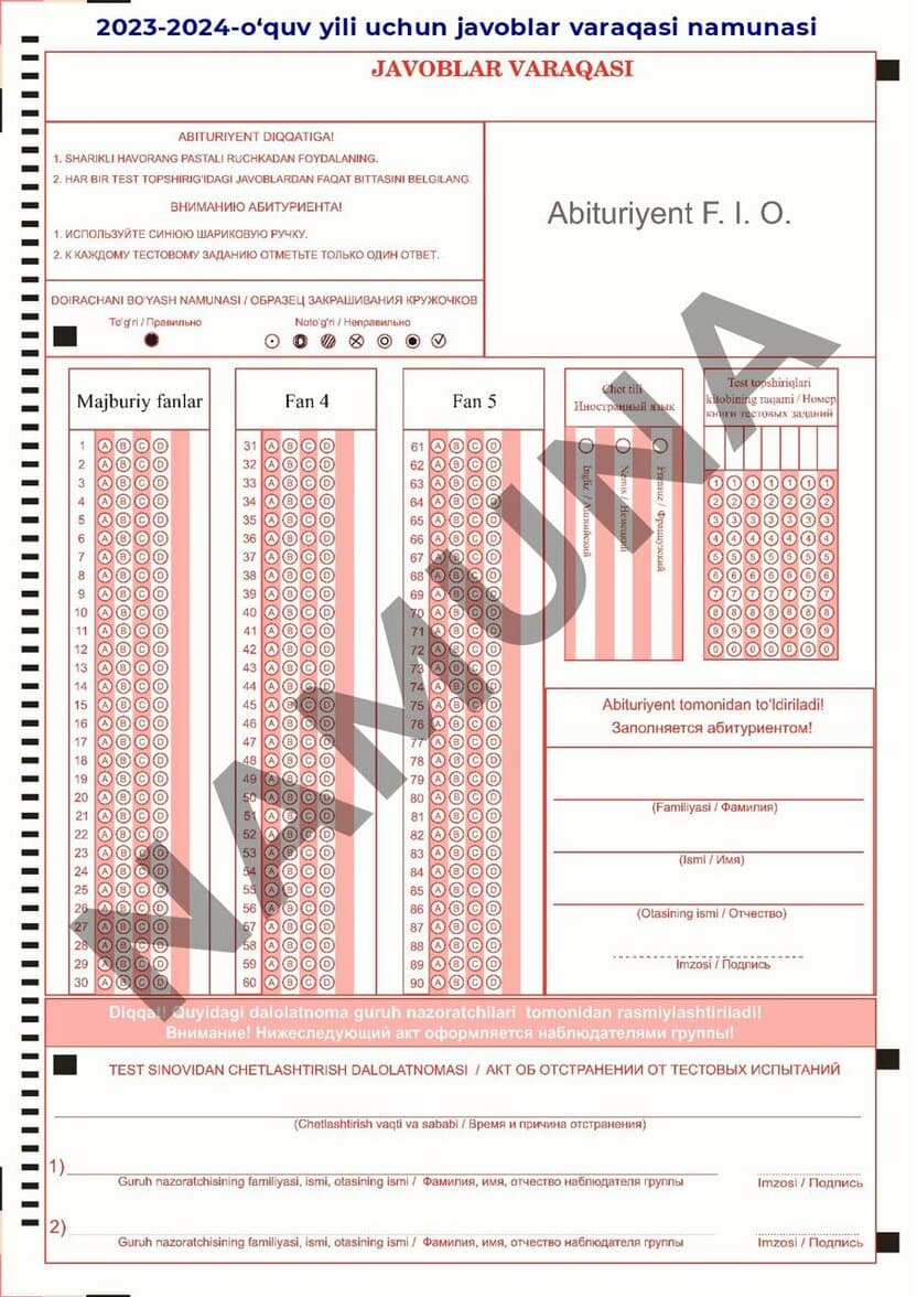 Javoblar varaqasi 2024: Abituriyentlar uchun qo’llanma