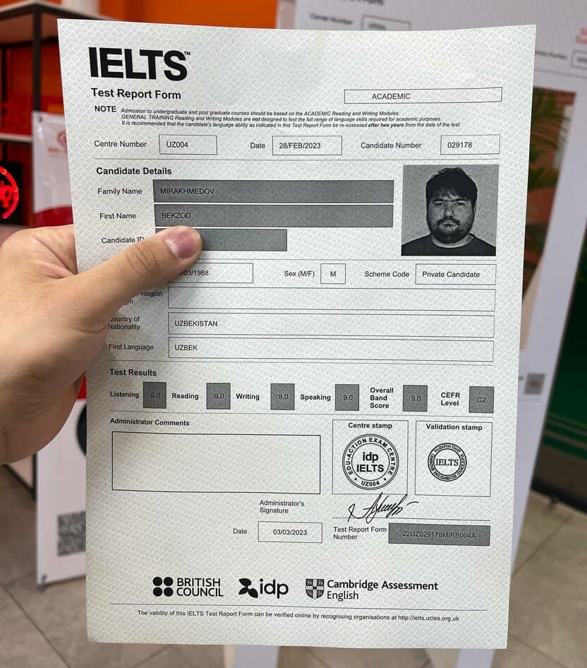 O‘zbekistonda ilk bor: IELTS imtihonidan 9.0 ball qayd etildi