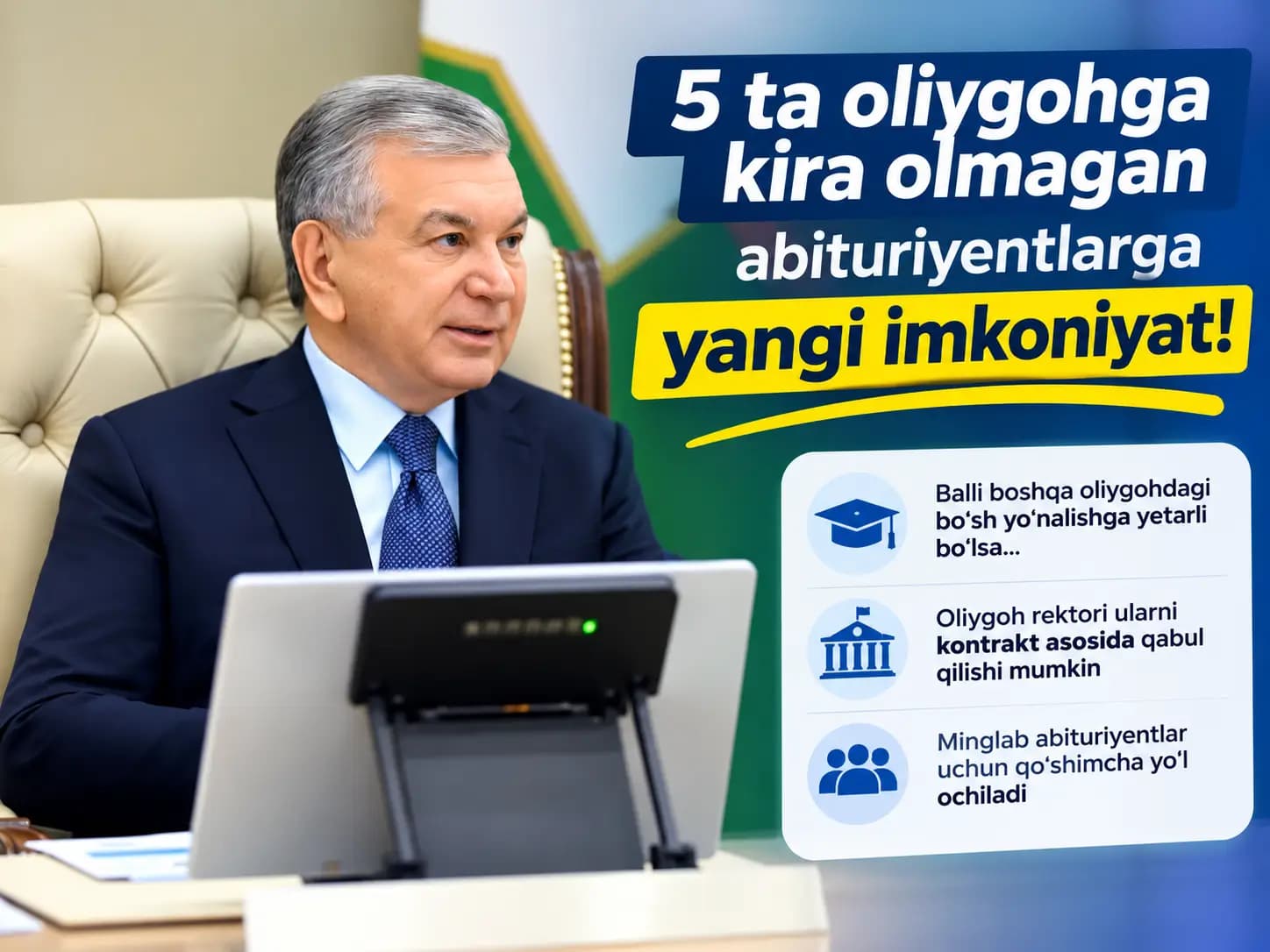 5 ta oliygohga kira olmagan abituriyentlarga yangi imkoniyat