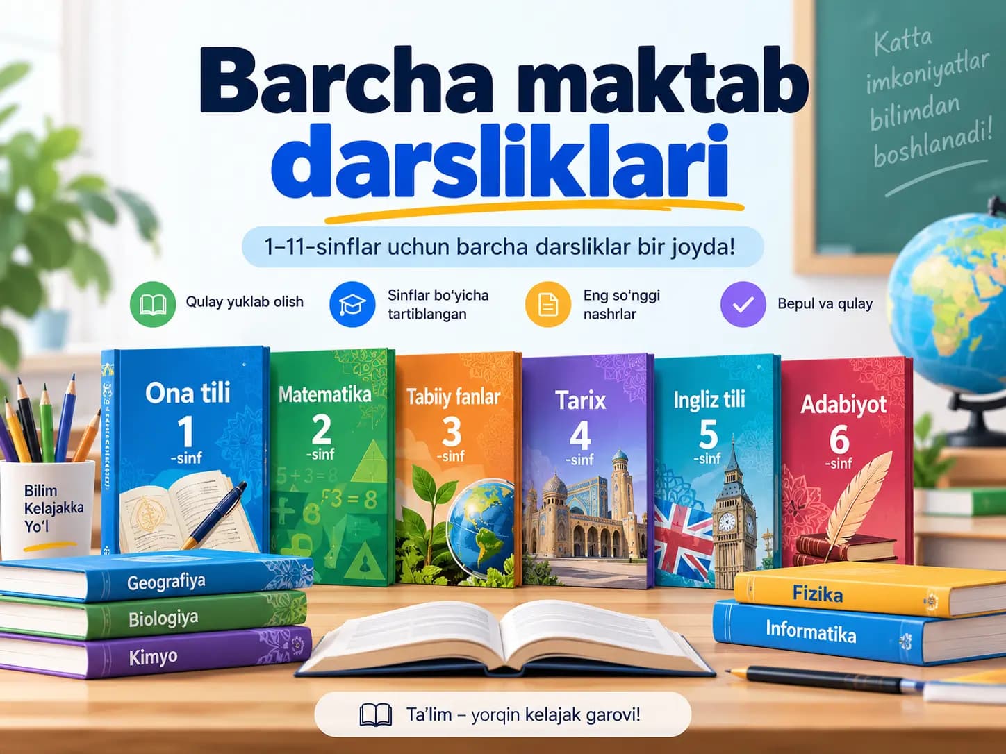 1-sinfdan 11-sinfgacha barcha maktab darsliklarini bepul yuklab olish