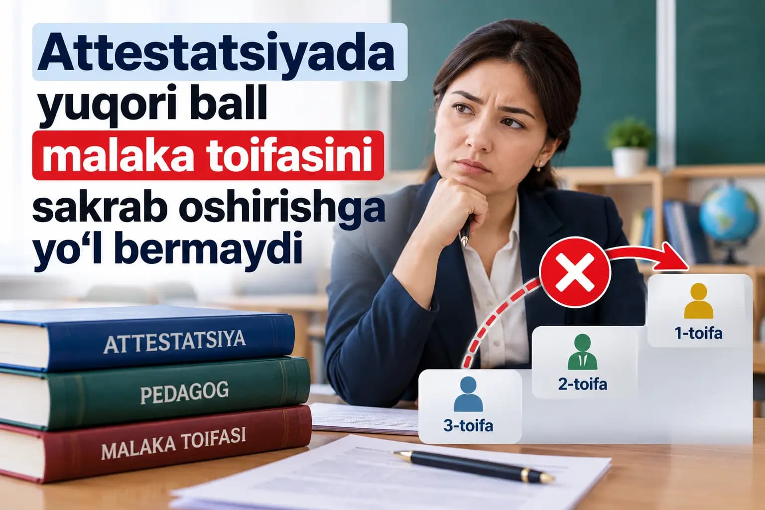Attestatsiyada yuqori ball malaka toifasini sakrab oshirishga yo’l bermaydi
