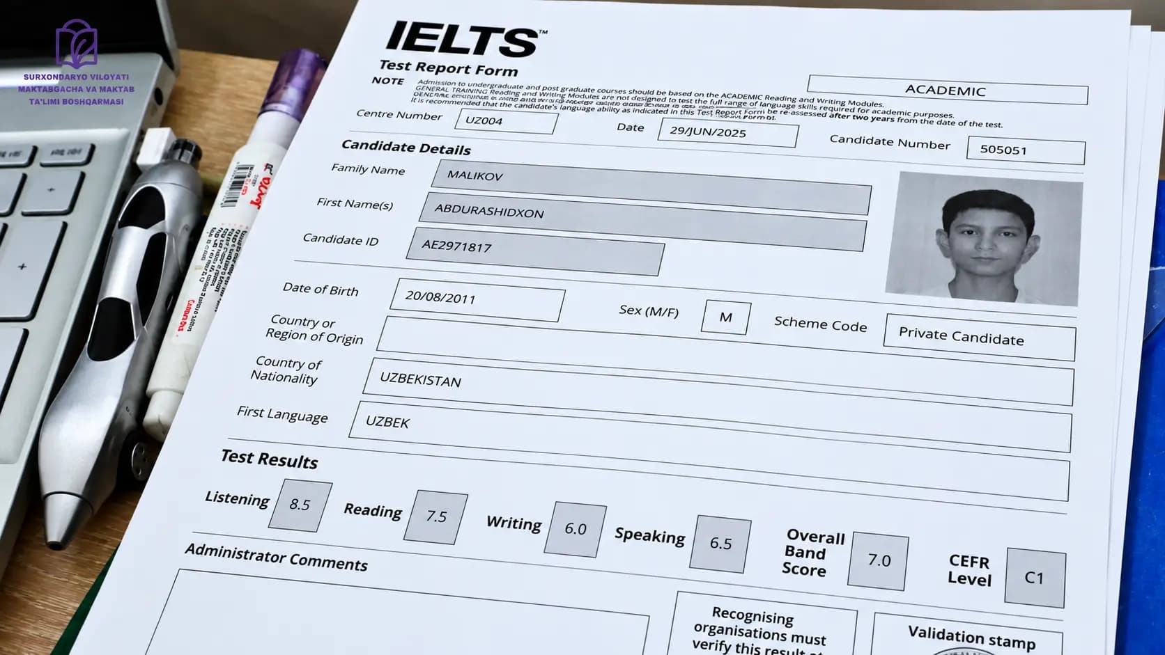 Surxondaryolik o’quvchi uyda tahsil olib IELTS’da C1 darajaga chiqdi