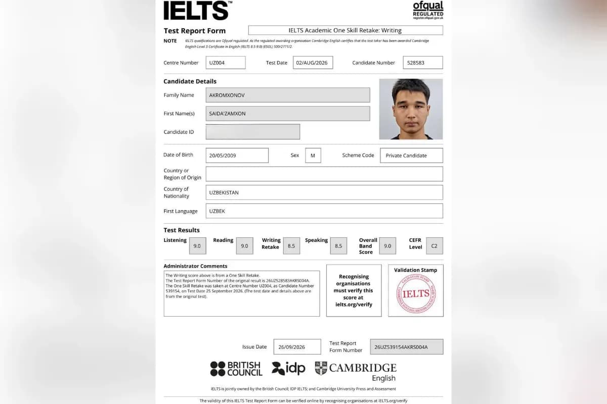 Olmaliq maktab o’quvchisi IELTS’da maksimal 9 ball oldi, bundaylar 68 nafar